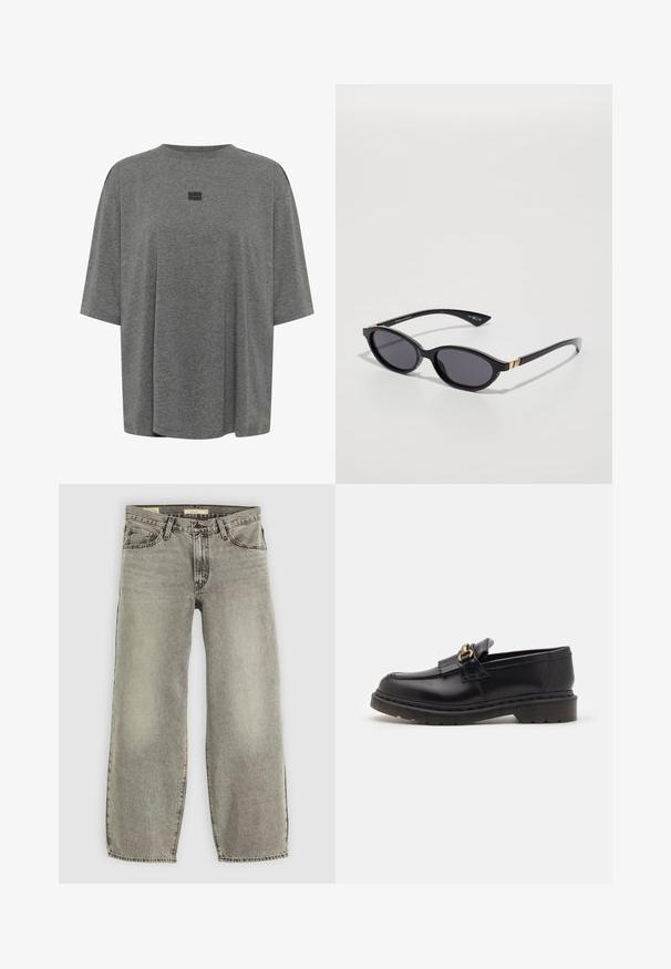 Pitkä, tummanruskea takki, jossa on V-pääntie, suora leikkaus ja 3/4-pituiset hihat. Silkka pinta, yksinkertainen muotoilu ilman näkyviä metalliosia.; Harmaa ylisuuri t-paita, joka on valmistettu pehmeästä kankaasta. Siinä on pyöreä kaula-aukko, lyhyet hihat ja hienovarainen logo keskellä.; Vaaleanharmaat, leveät farkut, jotka on valmistettu denimistä. Ominaisuuksiin kuuluu perinteinen viisi-tasku tyyli ja kevyttä haalistumista kankaan pinnalla.; Musta nahkainen loaferi pyöreällä varvalla, koristeellisella fringellä ja kultaisilla yksityiskohdilla. Paksu kumipohja lisää pitoa ja kestävyttä.; Mustat aurinkolasit, joissa on ovaalit linssit, tummat sävygradientit ja kapeat varret, joissa on hienovaraiset kultaiset yksityiskohdat. Sileä muovipinta.