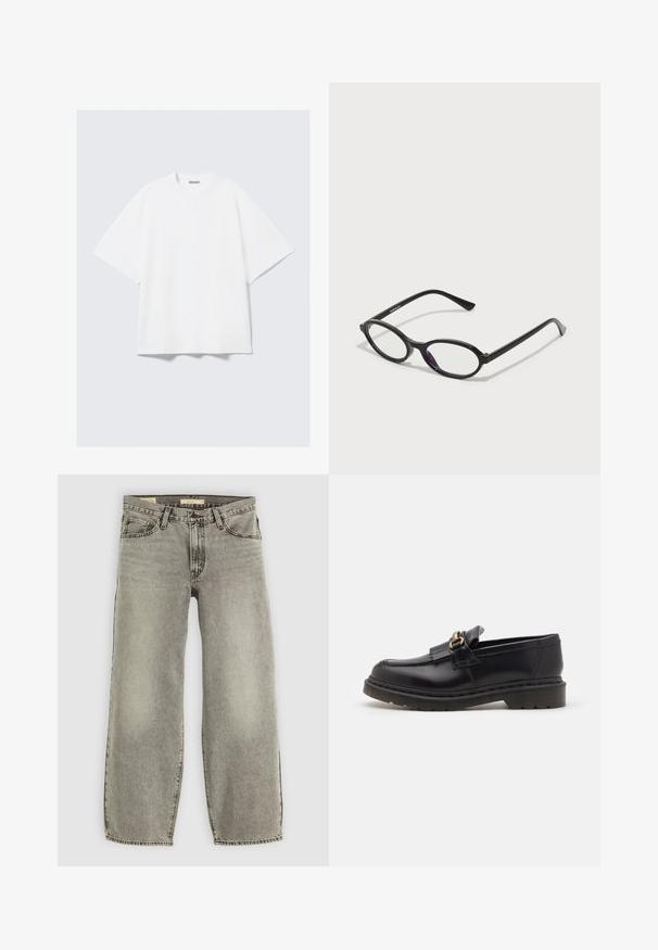 Long, dark brown coat with a V-neckline, straight cut, and three-quarter sleeves. Smooth texture with minimalistic design and no visible hardware.; White oversized t-shirt made of cotton. Features short sleeves, a crew neckline, and subtle stitching details. Brand logo at neck.; Light gray, wide-leg jeans made of denim. Features traditional five-pocket styling and slight fading throughout the fabric.; Black leather loafers with a rounded toe, decorative fringe, and gold hardware accent. Thick rubber sole for added traction and durability.; Black oval-frame glasses with translucent purple accents on the lenses. Frames have a matte finish and slender, straight temples.