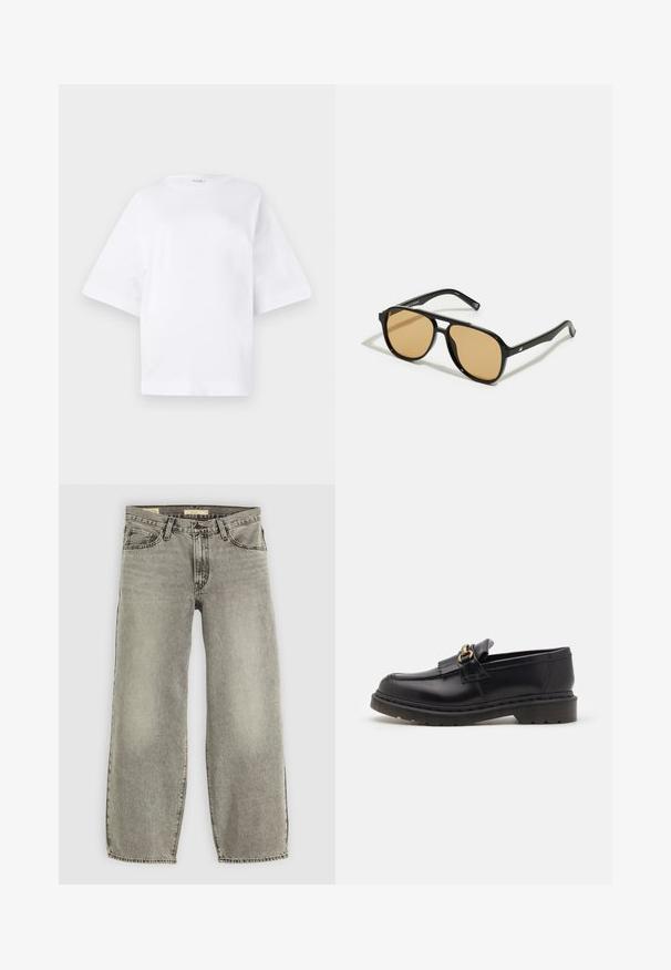 Long, dark brown coat with a V-neckline, straight cut, and three-quarter sleeves. Smooth texture with minimalistic design and no visible hardware.; White oversized t-shirt made of cotton, featuring short sleeves, a round neckline, and a straight hem without any patterns or accents.; Light gray, wide-leg jeans made of denim. Features traditional five-pocket styling and slight fading throughout the fabric.; Black leather loafers with a rounded toe, decorative fringe, and gold hardware accent. Thick rubber sole for added traction and durability.; Black sunglasses with brown tinted lenses; rectangular shape with a thick frame, including subtle hardware accents on the temples.