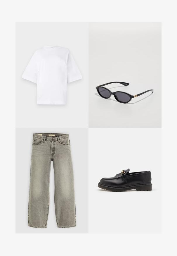 Long, dark brown coat with a V-neckline, straight cut, and three-quarter sleeves. Smooth texture with minimalistic design and no visible hardware.; White oversized t-shirt made of cotton, featuring short sleeves, a round neckline, and a straight hem without any patterns or accents.; Light gray, wide-leg jeans made of denim. Features traditional five-pocket styling and slight fading throughout the fabric.; Black leather loafers with a rounded toe, decorative fringe, and gold hardware accent. Thick rubber sole for added traction and durability.; Black sunglasses with oval lenses, dark gradient tint, and slim arms featuring subtle gold accents. Smooth plastic finish.; Knit wool scarf in a light brown color, featuring a rounded shape with tied ends and a textured, ribbed pattern.