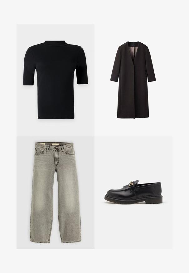 Cappotto lungo, marrone scuro, con scollatura a V, taglio dritto e maniche a tre quarti. Tessuto liscio con design minimalista e senza hardware visibile.; Camisetta nera a maniche corte con colletto alto, realizzata in tessuto liscio, caratterizzata da un design aderente e priva di motivi o dettagli visibili.; Jeans grigi chiaro a gamba larga realizzati in denim. Presentano un classico design a cinque tasche e una leggera scoloritura su tutta la superficie.; Mocassini in pelle nera con punta tonda, frange decorative e dettagli in oro. Suola in gomma spessa per maggiore aderenza e durata.