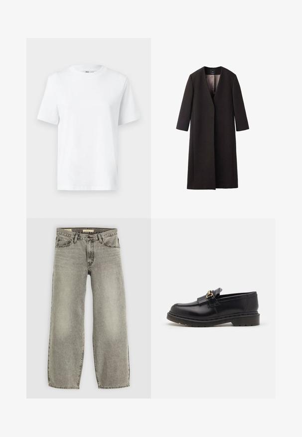 Lang, donkerbruin jasje met een V-hals, rechte snit en driekwartmouwen. Gladde textuur met minimalistisch ontwerp en geen zichtbare hardware.; Witte katoenen T-shirt met ronde hals, korte mouwen en een gladde textuur. Ontworpen met een comfortabele en veelzijdige relaxte pasvorm.; Lichtgrijze, ruime jeans gemaakt van denim. Heeft een traditionele vijf-pocketstijl en een lichte vervaging door de stof.; Zwarte leren instappers met een ronde neus, decoratieve franjes en gouden hardwareaccenten. Dikke rubberen zool voor extra grip en duurzaamheid.