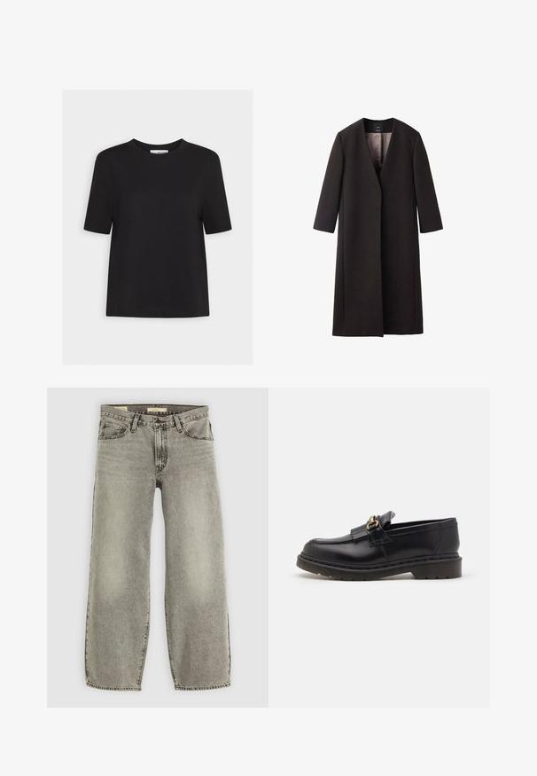 Lang, mørkebrunt frakke med V-udskæring, lige snit og trekvartærmer. Glat tekstur med minimalistisk design og ingen synlig hardware.; Sort bomulds t-shirt med rund hals, korte ærmer og lige kant. Simpelt design uden synlige mønstre eller detaljer.; Lys grå, bredbenede jeans lavet af denim. Har traditionel fem-lomme stil og let falmning gennem stoffet.; Sorte læder loafers med en rund tå, dekorativ frynse og gyldne hardware detaljer. Tykt gummisåle for ekstra greb og holdbarhed.