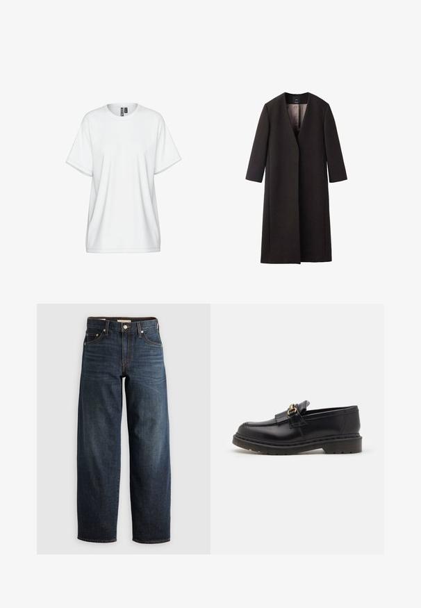 Pitkä, tummanruskea takki, jossa on V-pääntie, suora leikkaus ja 3/4-pituiset hihat. Silkka pinta, yksinkertainen muotoilu ilman näkyviä metalliosia.; Valkoinen puuvillainen t-paita, jossa pyöreä pääntie, lyhyet hihat ja väljä istuvuus. Päällä hienovaraiset ompelutiedot ja kauluksessa lappu.; Tummansiniset farkut, jotka on valmistettu denimistä, suoranlahkeinen malli, viiden taskun tyyli, yläompeleilla varustetut ja napitus.; Musta nahkainen loaferi pyöreällä varvalla, koristeellisella fringellä ja kultaisilla yksityiskohdilla. Paksu kumipohja lisää pitoa ja kestävyttä.