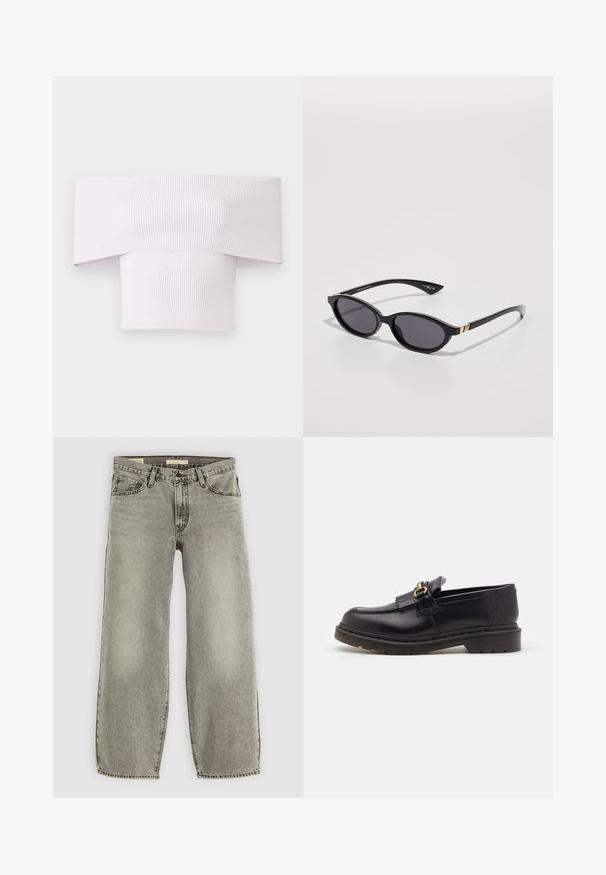 Lang, donkerbruin jasje met een V-hals, rechte snit en driekwartmouwen. Gladde textuur met minimalistisch ontwerp en geen zichtbare hardware.; Off-shoulder geribbelde top in lichtroze met een brede halslijn en een aansluitend lichaam. Soepele textuur met verticale ribbeldetails.; Lichtgrijze, ruime jeans gemaakt van denim. Heeft een traditionele vijf-pocketstijl en een lichte vervaging door de stof.; Zwarte leren instappers met een ronde neus, decoratieve franjes en gouden hardwareaccenten. Dikke rubberen zool voor extra grip en duurzaamheid.; Zwarte zonnebril met ovale glazen, donkere verloop-tint en slanke pootjes met subtiele gouden accenten. Glad plastic afwerking.
