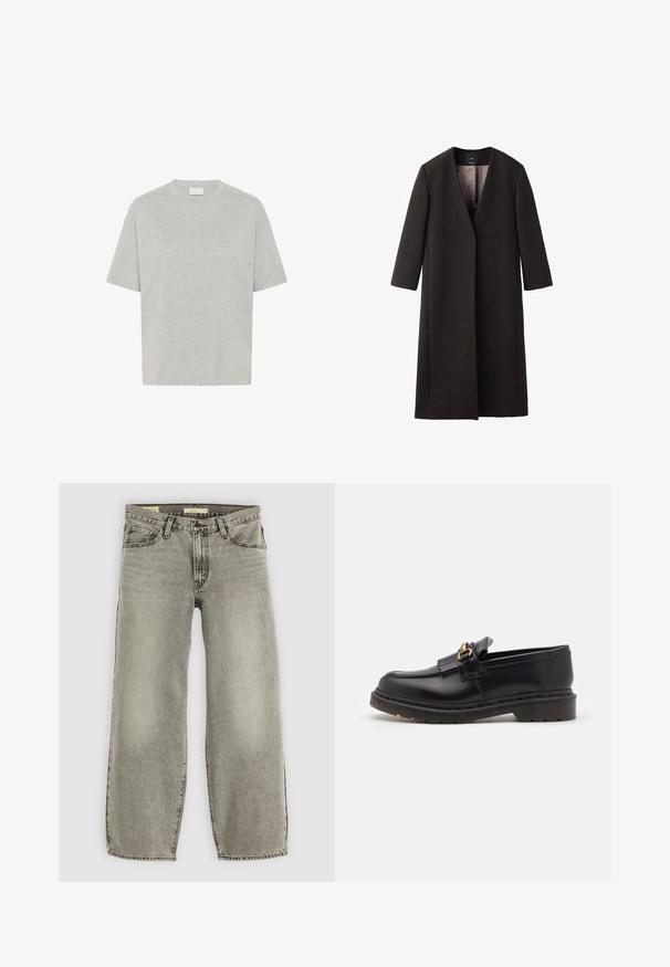 Lang, mørkebrunt frakke med V-udskæring, lige snit og trekvartærmer. Glat tekstur med minimalistisk design og ingen synlig hardware.; Kaffe TOMINA - T-shirts basic - grey melange; Lys grå, bredbenede jeans lavet af denim. Har traditionel fem-lomme stil og let falmning gennem stoffet.; Sorte læder loafers med en rund tå, dekorativ frynse og gyldne hardware detaljer. Tykt gummisåle for ekstra greb og holdbarhed.