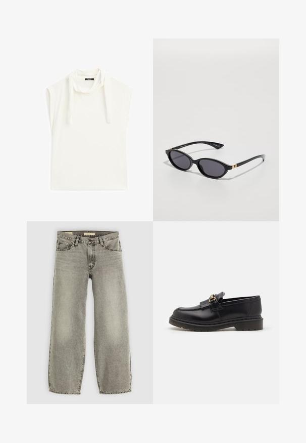 Lang, mørkebrunt frakke med V-udskæring, lige snit og trekvartærmer. Glat tekstur med minimalistisk design og ingen synlig hardware.; Hvid kortærmet top med draperet cowl-hals, afslappet pasform og blødt bomuldsstof. Diskret syning langs kanterne.; Lys grå, bredbenede jeans lavet af denim. Har traditionel fem-lomme stil og let falmning gennem stoffet.; Sorte læder loafers med en rund tå, dekorativ frynse og gyldne hardware detaljer. Tykt gummisåle for ekstra greb og holdbarhed.; Sorte solbriller med ovale linser, mørk gradienttint og slanke arme med diskrete guldkant. Glat plastikfinish.