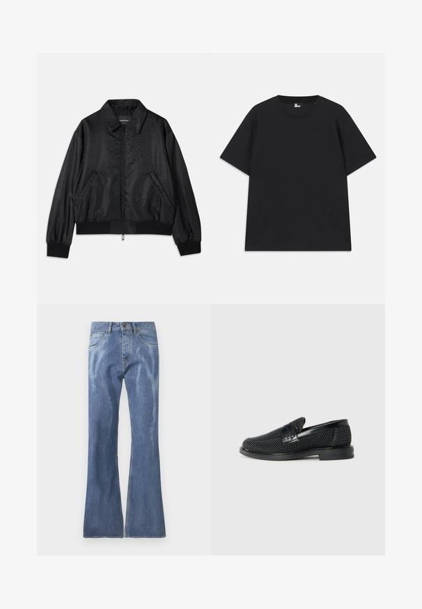 Zwarte bomberjack met een ritsluiting, voorzien van een gladde satijnen afwerking, zijzakken en een stippenpatroon aan de voorkant. Ribgebreide boorden en zoom.; Zwart kortebril T-shirt van katoen, met een ronde hals en een klein logo detail near de zoom. Gladde textuur, normale pasvorm.; Lichtblauwe denim flare-jeans met een middelhoge taille, vijf zakken en zichtbare stikseldetails. Soepele textuur met lichte vervaging.; Zwartegeweven instap schoenen met een glad leren accent aan de bovenkant, een ronde neusontwerp en een laag profiel rubberen zool.