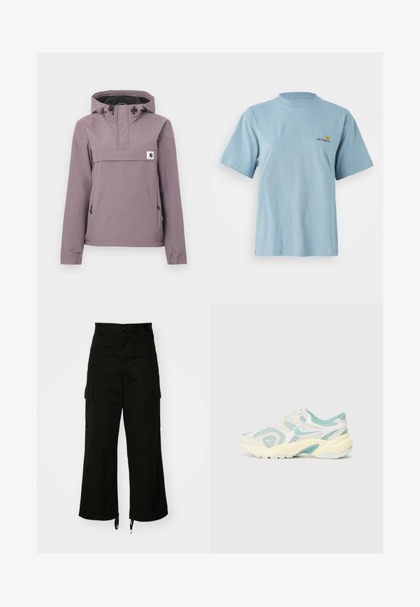 Helelilla anorakki jope kapuutsi, eesmine tasku, nöör ja elastsed mansetid. Valmistatud siledast, veekindlast materjalist.; Hele sinine lühikeste varrukatega puuvillane T-särk ümmarguse kaelusega ja vasakul rinnal väike kollane ja punane Carhartti logo.; Mustadest puuvillast cargo-püksidest, millel on laiad sääred, küljetaskud ja nööriga lõpulised säärised. Disain sisaldab nööbi sulgemist vöökohal.; Heled sinine ja kreemikas spordijalanõud, millel on võrgumaterjalid ja nubuk, paks põhi ning silmapaistev laineline disain koos valge swooshiga.