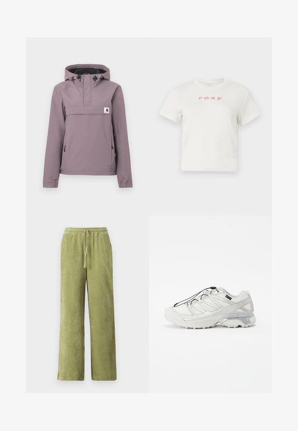 Light purple anorak jacket with a hood, front pocket, drawstring, and elastic cuffs. Made from a smooth, waterproof material.; White cotton t-shirt with short sleeves and a crew neckline, featuring a pink logo "roxy" printed on the front. Regular fit design.; Green corduroy pants with a wide-leg design, elastic waistband, and drawstring detail. Vertical ridges in fabric create texture.; White athletic shoe with a textured mesh upper, reflective accents, and a cushioned sole. Features elastic laces and gray detailing.