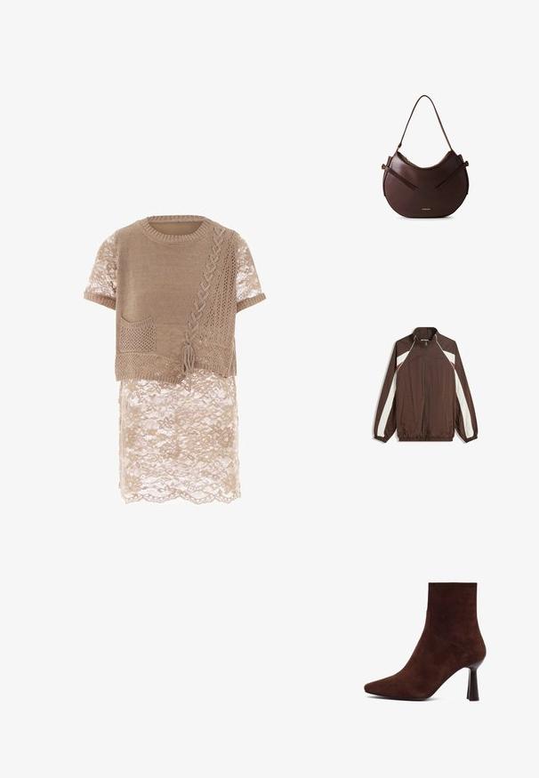 Veste zippée marron avec des rayures en chevron blanches et bordeaux sur les manches, des poignets élastiques et deux poches avant.; Haut en tricot beige à manches courtes, présentant une poche décorative, des motifs texturés et un superposé en dentelle au niveau de l'ourlet.; Bottine en daim marron avec un bout pointu, un design ajusté et un talon haut fin, présentant des lignes épurées et une texture lisse.; Sac à épaule en cuir marron au design arrondi, avec deux sangles plates et un logo en accent doré. Texture lisse avec un matériel minimal.