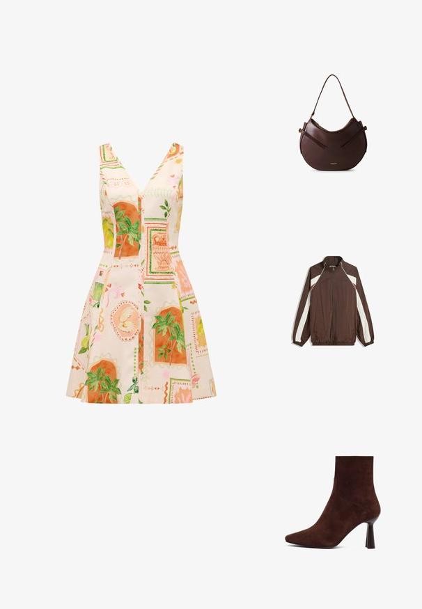 Braune Zip-up-Jacke mit weißen und kastanienbraunen Zickzackstreifen an den Ärmeln, elastischen Bündchen und zwei vorderen Taschen.; Ein ärmelloses Kleid mit tiefem V-Ausschnitt, aus einem leichten Stoff, der mit bunten botanischen Drucken in Orange und Grün verziert ist.; Braune Wildleder-Ankle-Boots mit spitzem Zehenbereich, enganliegendem Design und schlankem hohen Absatz, die sich durch klare Linien und eine glatte Textur auszeichnen.; Braune Leder-Schultertasche mit geschwungenem Design, ausgestattet mit zwei flachen Trageriemen und einem goldenen Logo-Highlight. Glatte Textur mit minimalem Metallzubehör.