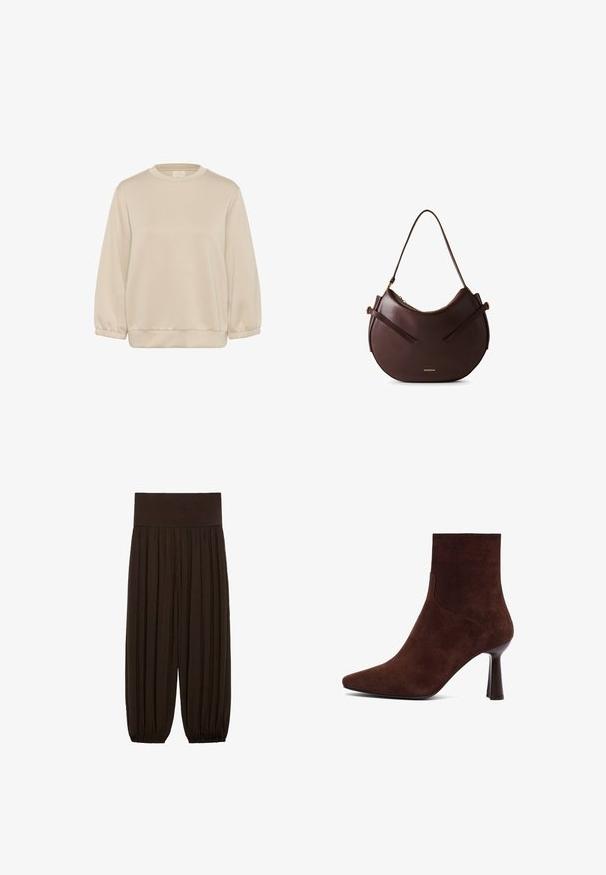 Veste zippée marron avec des rayures en chevron blanches et bordeaux sur les manches, des poignets élastiques et deux poches avant.; Kaffe KASIF - Sweatshirt - feather gray; Pantalons plissés marron avec une large taille élastique. Le tissu est léger et texturé, avec des ourlets froncés aux poignets.; Bottine en daim marron avec un bout pointu, un design ajusté et un talon haut fin, présentant des lignes épurées et une texture lisse.; Sac à épaule en cuir marron au design arrondi, avec deux sangles plates et un logo en accent doré. Texture lisse avec un matériel minimal.