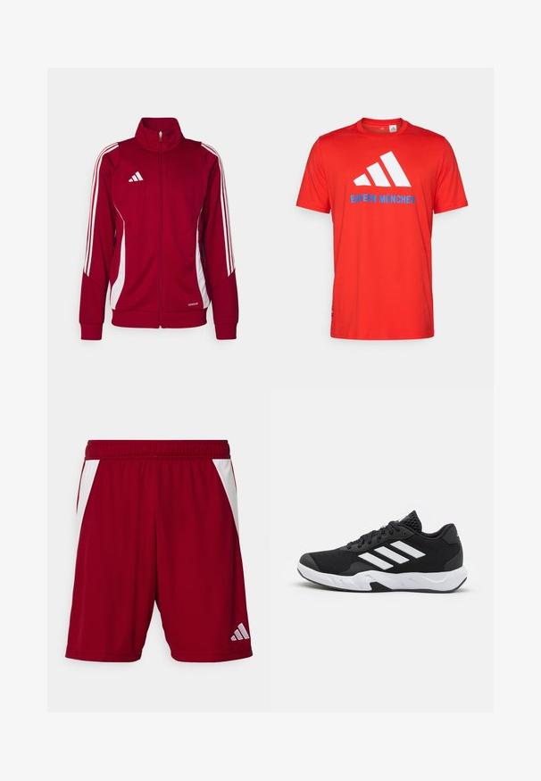 Veste de sport rouge avec un col montant, fermeture éclair à l'avant, bandes blanches sur les côtés, et logo Adidas sur la poitrine. Fabriquée en matériau respirant.; T-shirt en coton rouge avec un logo à trois bandes blanches et "BAYERN MÜNCHEN" en bleu. Col rond et manches courtes, design simple.; Shorts de sport rouges avec une texture lisse, accents latéraux blancs, une taille élastique, et un logo de marque réfléchissant en bas à droite.; Baskets de sport noires avec une tige en mesh texturé, des rayures blanches, une semelle rembourrée et un talon renforcé pour le soutien.