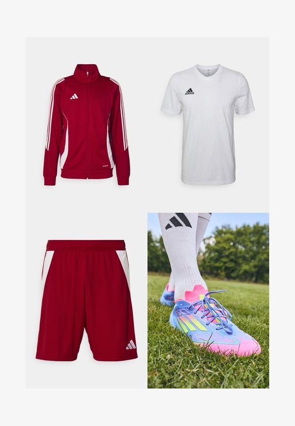 Red athletic jacket with a high collar, front zipper, white side stripes, and Adidas logo on the chest. Made from breathable material.; White cotton t-shirt with a v-neck, short sleeves, and a black Adidas logo on the left chest. Simple and lightweight design.; Red athletic shorts with a smooth texture, white side accents, an elastic waistband, and a reflective brand logo on the lower right.; Adidas soccer cleats in blue, pink, and neon yellow; textured synthetic upper, curved design, flat laces, and conical studs for traction.