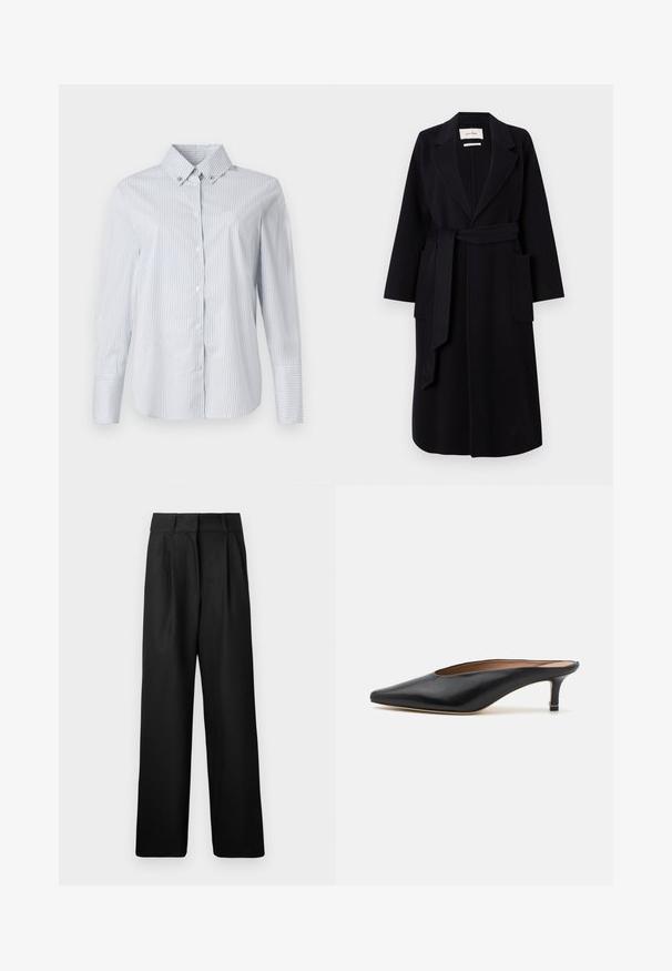 Czarny płaszcz z mieszanki wełny, z wyłogowym kołnierzem, paskiem w talii i dwoma kieszeniami bocznymi. Długie rękawy i prosta sylwetka.; Jasnoniebieska i biała, w paski koszula z guzikami, z zaostrzonym kołnierzykiem, długimi rękawami i małym wyszywanym logo na klatce piersiowej.; Czarne spodnie o szerokich nogawkach z gładką teksturą, z plisami z przodu i wysokim stanem. Wykonane z lekkiego materiału.; Czarne skórzane klapki z ostro zakończonym noskiem i niskim, prostokątnym obcasem. Gładka faktura z eleganckim wzornictwem. Otwarty tył z minimalnymi detalami.