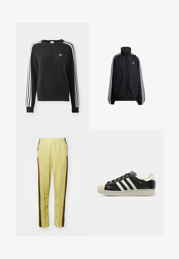 Črna zadrgo zapeta jakna iz lahkega materiala. Ima visok ovratnik, elastične manšete in bele črte po straneh. Majhna blagovna znamka na prsih.; Črn puhast pulover z dolgimi rokavi, ki ima bele tri črte na rami in majhen logo na prsih. Mehka tekstura.; Rumene športne hlače z gladkim materialom, z rjavimi stranskimi črtami, elastičnim pasom in dvema stranskima žepoma.; Črne usnjene superge z belimi črtami, gumijastim pokrovom za prste, črnimi vezalkami in kremasto obrobo podplata. Gladka tekstura z sijočim zaključkom.
