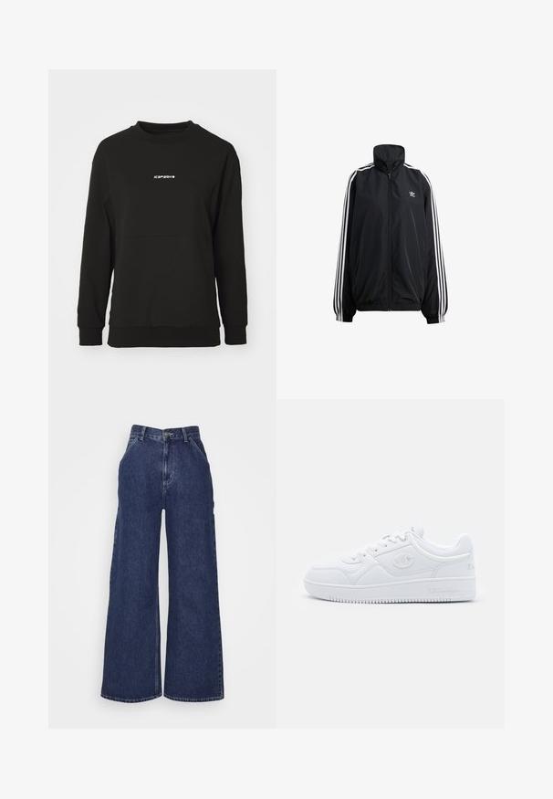 Svart jakke med glidelås laget av lett materiale. Har høy krage, elastiske mansjetter og hvite striper nedover sidene. Lite logo på brystet.; Svarthetsgenser laget av strukturert materiale. Har rund hals, lange ermer og et sentralt logo i hvitt, med en tilpasset sjøm.; Bredde ben denim jeans i mørkeblå, med høy midje, frontlommer og glidelås med metallknapp. Glatt tekstur og klassisk design.; Hvit sneakers laget av glatt syntetisk materiale, med rund tå, flat såle og subtile logoaksenter på sidene. Klassisk lavt design.
