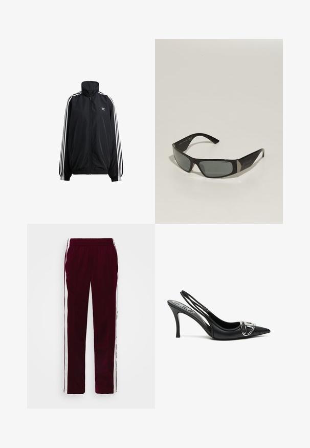 Černá zipová bunda vyrobená z lehkého materiálu. Má vysoký límec, elastické manžety a bílé pruhy po stranách. Malé logo na hrudi.; Bílá přiléhavá tričko z bavlny, s kulatým výstřihem a krátkými rukávy, s jemně modrým vyšitým logem na přední straně.; Burgundské sportovní kalhoty s elastickým pasem na šňůrku, bílými postranními pruhy a slim fit střihem. Vyrobeny z hladké, lehké tkaniny.; Černé lodičky na klínku s špičatou špičkou, s lesklým stříbrným sponou a štíhlým podpatkem. Hladká kožená textura, minimalistický design.; Černé sluneční brýle obdélníkového tvaru, se šedými tónovanými skly a kovovými akcenty na stranách. Disponují plastovými rámy a hladkým povrchem.