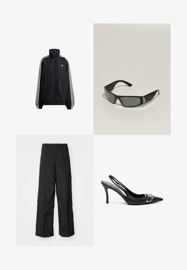 Črna zadrgo zapeta jakna iz lahkega materiala. Ima visok ovratnik, elastične manšete in bele črte po straneh. Majhna blagovna znamka na prsih.; Bela prilegajoča majica iz bombaža z okroglim ovratnikom in kratkimi rokavi, na sprednji strani z lahkim modrim vezenim logotipom.; Črne široke hlače z elastičnim pasom, ki imajo gladko teksturo in stranske šive za dodatno oblikovanje.; Črne slingback visoke pete z ostrim nosom, ki vključujejo sijoč srebrn zaponko in tanko peto. Gladka usnjena tekstura, minimalističen dizajn.; Črne sončne očala pravokotne oblike, s sivimi zatemnjenimi lečami in kovinskimi poudarki na templjih. Imajo plastične okvirje in gladko teksturo.