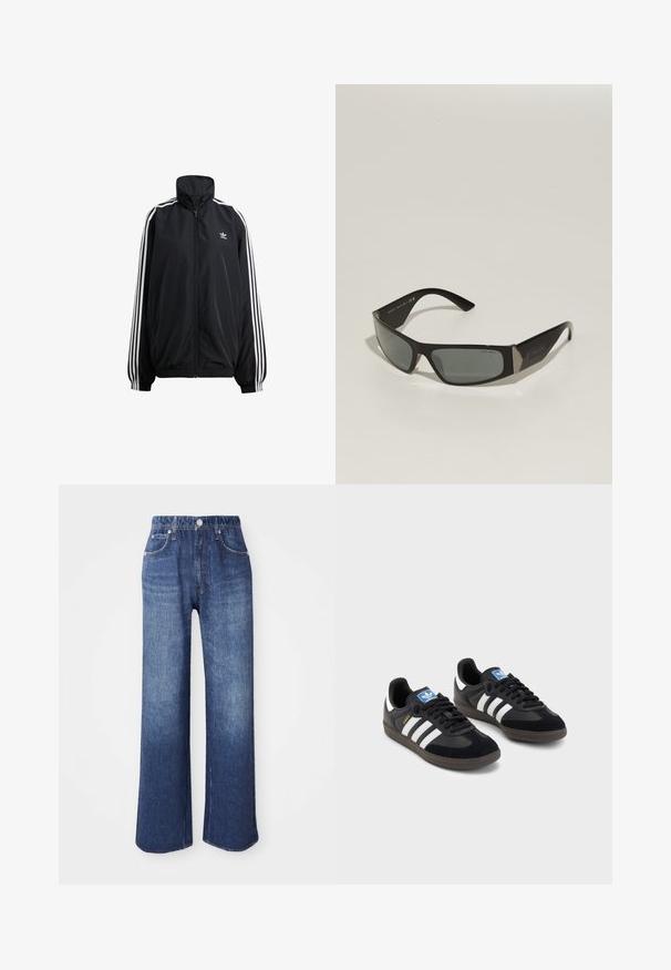 Svart jakke med glidelås laget av lett materiale. Har høy krage, elastiske mansjetter og hvite striper nedover sidene. Lite logo på brystet.; Hvit tettsittende T-skjorte laget av bomull, med rund hals og korte ermer, med en lyseblå brodert logo på fronten.; Bredde ben blå denim jeans med høy midje, fem lommer og sølv knappelukking. Stoffet har en jevn tekstur med subtil falming.; Svarte sneakers med overdel i semsket lær og syntetisk materiale, med tre hvite striper, strukturert gummisåle og blå logoetikett på tungen.; Svarte solbriller med rektangulær form, gråtonede linser og metalliske detaljer på stilkene. Har plastikkramme og en glatt tekstur.