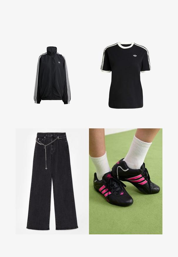 Black zip-up jacket made of lightweight material. Features a high collar, elastic cuffs, and white stripes down the sides. Small logo on chest.; Black cotton t-shirt with white accents on the collar and sleeves, featuring three white stripes on each shoulder and a small logo on the chest.; Maje Flared Jeans - noir; Black athletic shoes with three pink stripes, textured leather upper, black laces, and logo detail, paired with white ribbed socks on green surface.