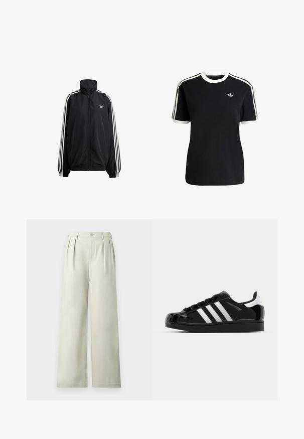 Veste zippée noire en matériau léger. Dotée d'un col haut, de poignets élastiques et de rayures blanches sur les côtés. Petit logo sur la poitrine.; T-shirt en coton noir avec des accents blancs sur le col et les manches, arborant trois rayures blanches sur chaque épaule et un petit logo sur la poitrine.; Pantalons larges vert clair en tissu lisse, avec des plis, une taille à bouton unique et une coupe épurée.; adidas Originals SUPERSTAR II - Baskets basses - core black/footwear white/gold metallic