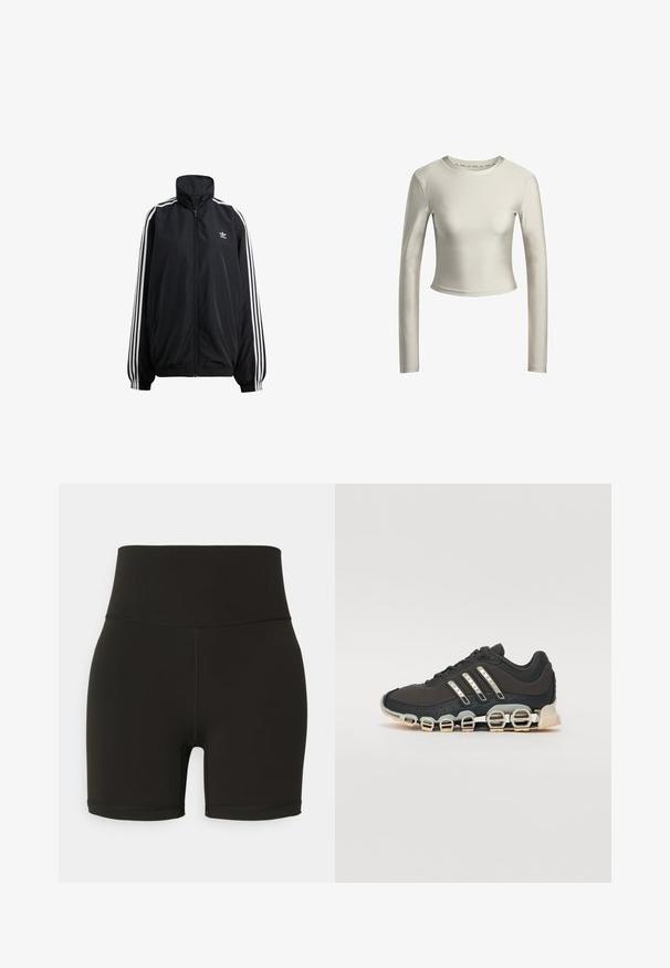 Čierna zipsová bunda vyrobená z ľahkého materiálu. Má vysoký golier, elastické manžety a biele pruhy po stranách. Malé logo na hrudi.; Dlhý rukáv crop top v svetlej krémovej farbe, vyrobený z hladkej, pružnej látky s okrúhlym výstrihom a minimalistickým designom.; Čierne cyklistické šortky s vysokým pásom vyrobené z elastického materiálu, s bezšvovým dizajnom a vyšívanými detailmi, končiace nad kolenom.; Čierna športová obuv s textúrovaným zvrškom, tromi striebornými pruhmi a charakteristickou podošvou s viacerými integrovanými sekciami.
