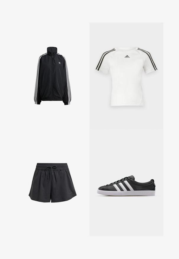 Chaqueta negra con cremallera fabricada en material ligero. Presenta un alto cuello, puños elásticos y rayas blancas a los lados. Pequeño logotipo en el pecho.; Camiseta atlética de manga corta blanca con diseño de tres rayas negras en los hombros, textura suave y un pequeño logo de adidas en negro en el pecho.; Pantalones cortos deportivos negros con una cinturilla elástica, cordón interno y aberturas laterales. Fabricados con una tela suave y liviana.; Zapatilla de cuero negro con diseño de tres franjas blancas, puntera redondeada, suela de goma blanca plana y detalle de marca en el lateral.