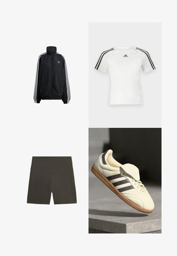 Czarna kurtka zip-up wykonana z lekkiego materiału. Posiada wysoki kołnierz, elastyczne mankiety i białe paski po bokach. Małe logo na klatce piersiowej.; Biała sportowa koszulka z krótkim rękawem z czarnym wzorem trzech pasków na ramionach, gładka faktura i małe czarne logo adidas na piersi.; Szorty o wysokim stanie w ciemnooliwkowym kolorze, wykonane z gładkiego, elastycznego materiału. Charakteryzują się prostymi liniami i minimalistycznym designem bez widocznych elementów montażowych.; Kremowe skórzane trampki z trzema ciemnymi paskami, brązową gumową podeszwą i zaokrąglonym noskiem. Posiadają składany język z napisem "SAMBA".