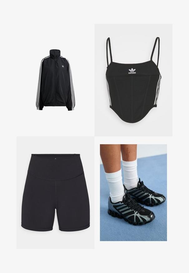 Casaco preto com fecho éclair feito de material leve. Apresenta gola alta, punhos elásticos e riscas brancas nas laterais. Pequeno logótipo no peito.; Top crop preto canelado com alças finas ajustáveis, apresentando três riscas brancas nas laterais e um pequeno logótipo branco da Adidas ao centro.; Calças curtas atléticas pretas feitas de tecido elástico. Com um cós alto e costuras suaves. Adequadas para vestuário ativo e exercício.; Ténis atléticos pretos com detalhes cinzentos e painéis em malha, apresentando uma sola texturizada e atacadores pretos, combinados com meias brancas com nervuras.