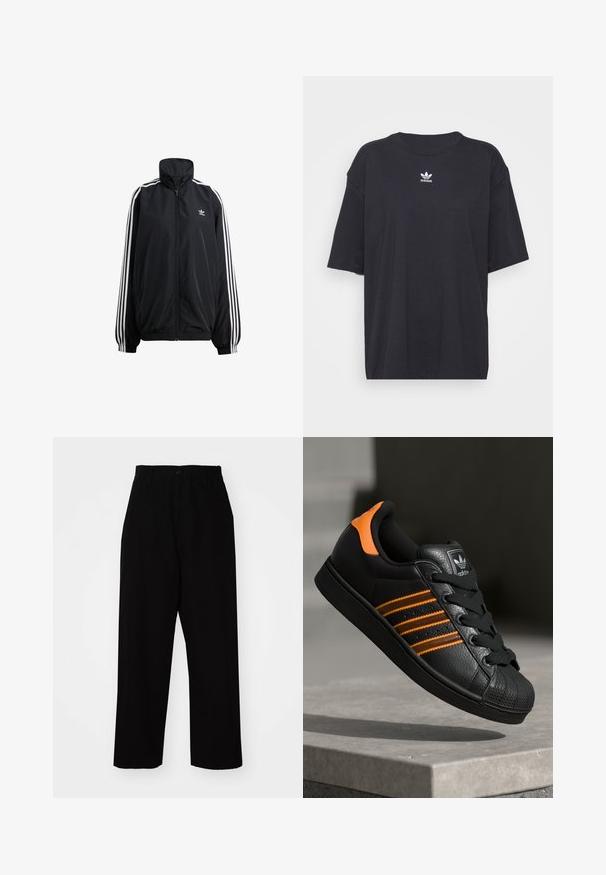 Svart jakke med glidelås laget av lett materiale. Har høy krage, elastiske mansjetter og hvite striper nedover sidene. Lite logo på brystet.; Svart bomull T-skjorte med korte ermer, rund halslinje, med en hvit Adidas-logo på brystet. Enkel design, avslappet passform.; Svarte bukser laget av robust bomullsstoff. Har et rett ben-design, beltehemper, knappestenge og en ren kant.; Svart sneaker med oransje detaljer, tre horisontale striper, teksturert skinnoverdel, gummitå, og svarte lisser.