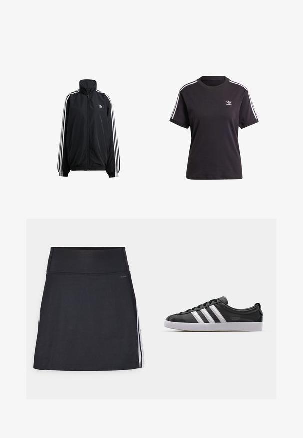 Must värviga lukuga jope, mis on valmistatud kergest materjalist. Omab kõrget krae, elastseid randmeid ja valgeid riba külgedel. Väike logo rinnal.; Must kõrge kaelusega must puuvillane T-särk lühikeste varrukatega, millel on valged triibud õlgadel ja väike valge Adidas'i logo rinna peal.; Must sisaldab laia vöökohta, venivast kangast. Omab valgeid külgi ja sujuvat, õmblusteta viimistlust.; Mustast nahast tennisekingad valge kolme triibu kujundusega, ümar nina, lame valge kummist tallaga ja bränditud detail küljes.