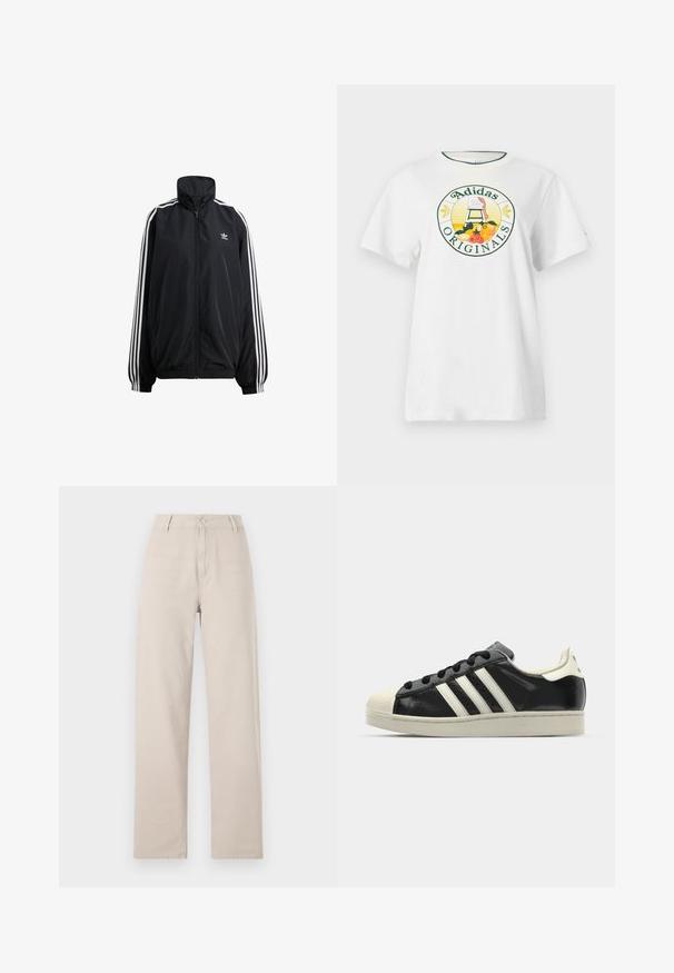 Black zip-up jacket made of lightweight material. Features a high collar, elastic cuffs, and white stripes down the sides. Small logo on chest.; White cotton t-shirt with short sleeves, featuring a round graphic logo in green and yellow, displaying "Adidas Originals" and fruit designs.; Beige wide-leg pants made of cotton, featuring a front button closure, belt loops, and a classic fit with clean lines.; Black leather sneaker with white stripes, rubber toe cap, black laces, and a cream-colored outsole. Smooth texture with shiny finish.