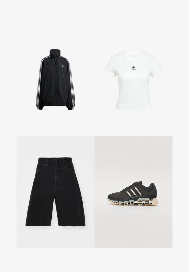 Sort lynlåsjakke lavet af letvægtsmateriale. Har en høj krave, elastiske manchetter og hvide striber ned ad siderne. Lille logo på brystet.; Hvid bomulds T-shirt med korteærmer og rund hals. Har et sort Adidas-logo trykt på brystet. Simpelt, minimalistisk design.; Sorte denimshorts med høj talje og vidde ben, der har fem lommer og knaplukning. Glat tekstur med minimal falming.; Sort træningssko med en tekstureret overdel, tre sølvstriber og en karakteristisk støttende sål med flere integrerede sektioner.
