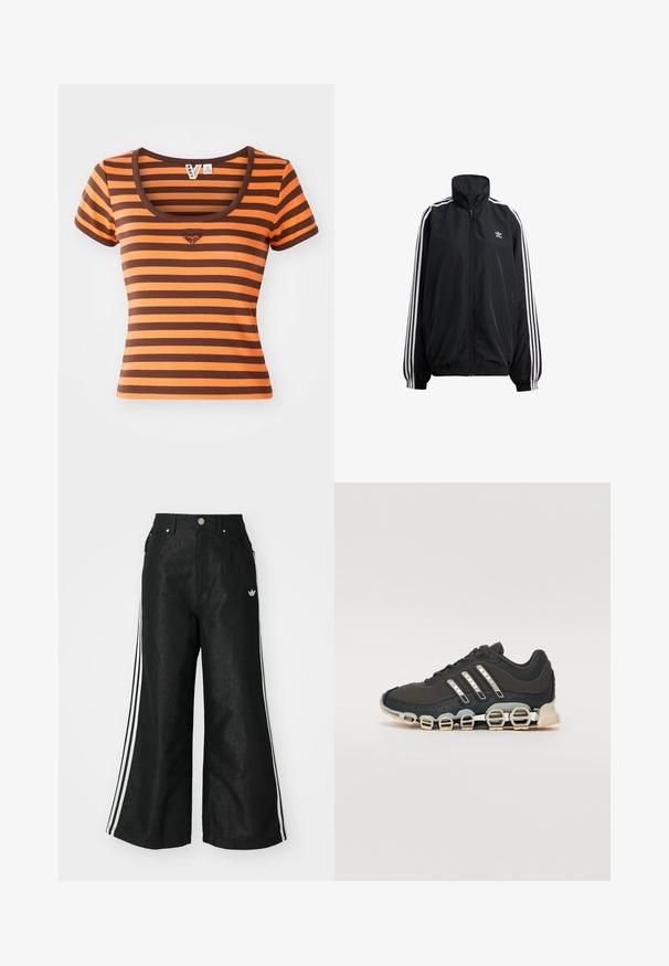 Schwarze Zip-Jacke aus leichtem Material. Mit hohem Kragen, elastischen Bündchen und weißen Streifen an den Seiten. Kleines Logo auf der Brust.; Gestreiftes T-Shirt in Orange- und Brauntönen, aus Rippstoff gefertigt. Es hat einen runden Halsausschnitt und kurze Ärmel, mit einem Herzlogo auf der Brust.; Schwarze, weit geschnittene Jeans mit drei weißen Streifen an jeder Seite und einem kleinen weißen Logo. Mit vorderen Taschen und einem Knopfverschluss.; Schwarzer Sportschuh mit einer strukturierten Oberseite, drei silbernen Streifen und einer markanten Dämpfungssohle mit mehreren integrierten Sektionen.