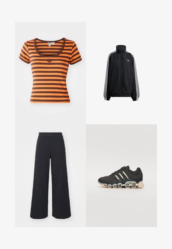 Chaqueta negra con cremallera fabricada en material ligero. Presenta un alto cuello, puños elásticos y rayas blancas a los lados. Pequeño logotipo en el pecho.; Camiseta a rayas con tonos naranjas y marrones, confeccionada en tejido acanalado. Presenta un cuello redondeado y mangas cortas, con un logo de corazón en el pecho.; Pantalones de chándal negros de pierna ancha, hechos de una tela suave, con una cintura elástica y un pequeño logo en el lado izquierdo.; Zapatilla deportiva negra con parte superior texturizada, tres rayas plateadas y una suela de amortiguación distintiva que presenta múltiples secciones integradas.
