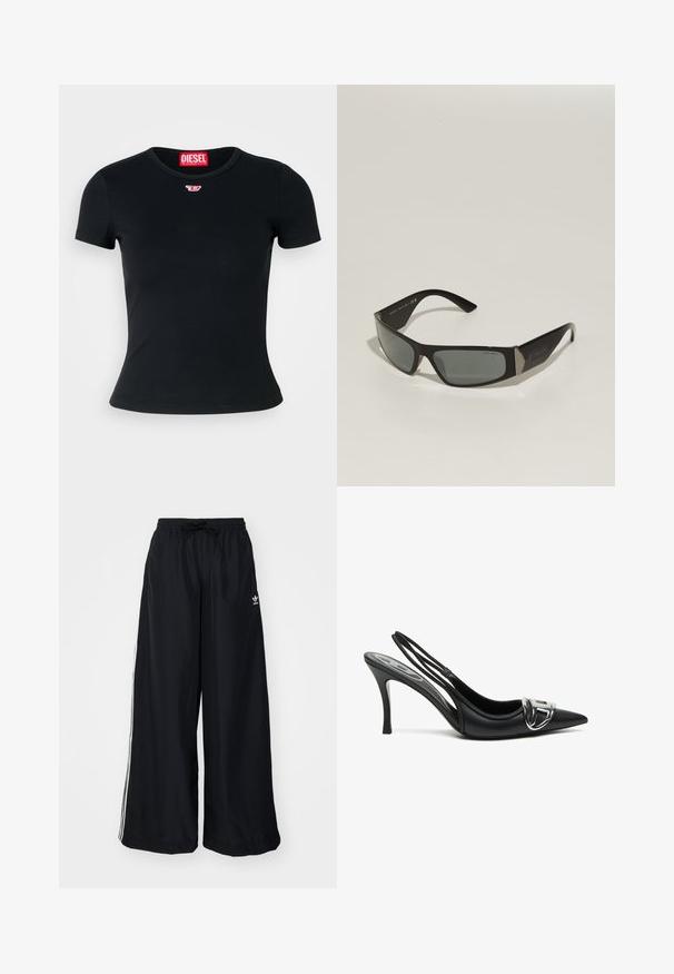 Czarna kurtka zip-up wykonana z lekkiego materiału. Posiada wysoki kołnierz, elastyczne mankiety i białe paski po bokach. Małe logo na klatce piersiowej.; Czarna podkoszulka z prążkowanego materiału z okrągłym dekoltem. Posiada małe czerwone logo Diesel na piersi. Krótkie rękawy i dopasowany krój.; Czarne spodnie typu wide-leg wykonane z lekkiego materiału. Posiadają elastyczny pas z troczkiem i białe paski po bokach. Logo marki na biodrze.; Czarne szpilki z odkrytym piętą o spiczastym nosku, z błyszczącym srebrnym zapięciem i smukłym obcasem. Gładka skórzana tekstura, minimalistyczny design.; Czarne okulary przeciwsłoneczne o prostokątnym kształcie, z szarymi szkłami w przyciemnianym kolorze i metalicznymi akcentami na zausznikach. Posiadają plastikową oprawę i gładką teksturę.