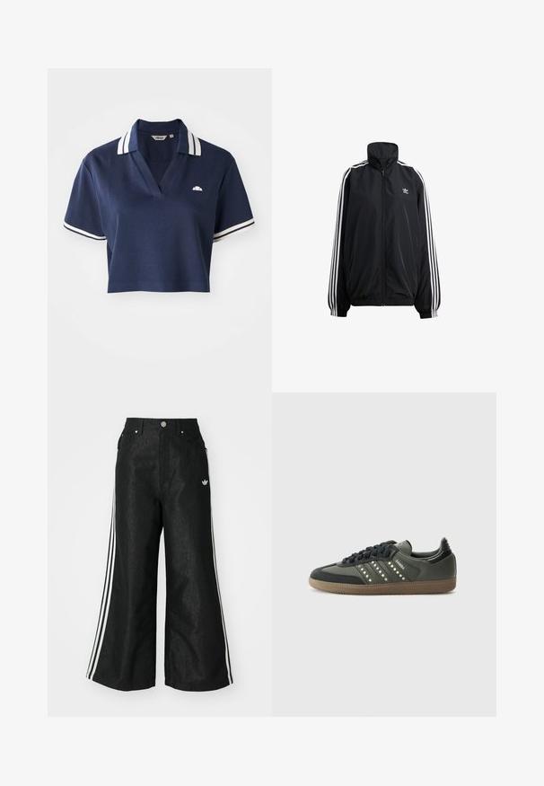 Jachetă neagră cu fermoar, confecționată din material ușor. Are un guler înalt, manșete elastice și dungi albe pe laterale. Logo mic pe piept.; Tricou polo scurt, de culoare albastru marin, cu decolteu în V, guler cu dungi albe și mâneci scurte, având un logo mic pe pieptul stâng.; Pantaloni din denim negri, cu croi evazat, având trei dungi albastre pe fiecare parte și un mic logo alb. Dispune de buzunare frontale și închidere cu buton.; adidas Originals SAMBA OG - Sneakers low - core black/legend earth/gum