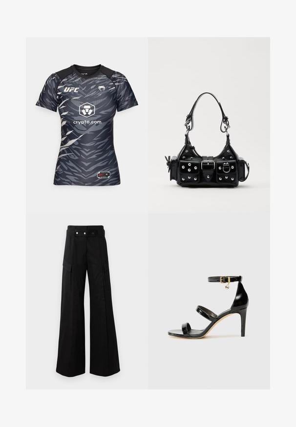 Jachetă neagră cu fermoar, confecționată din material ușor. Are un guler înalt, manșete elastice și dungi albe pe laterale. Logo mic pe piept.; Tricou UFC cu mânecă scurtă, ajustat, în gri închis, cu un model în dungi de tigru, având un logo pe piept și umeri negri în contrast.; Pantaloni evazați negri cu talie înaltă, având buzunare laterale mari, două nasturi frontali și un detaliu cu buclă. Confectionați dintr-un material rezistent.; Sandale negre din piele lacuită, cu trei curele, cataramă la glezna și toc stiletto de 10 cm. Prezintă detalii din metal auriu și un charm cu logo.; Geantă de piele neagră cu un design curbat, dotată cu studuri argintii, o cataramă și două buzunare laterale. Curea ajustabilă pentru opțiuni de transport.