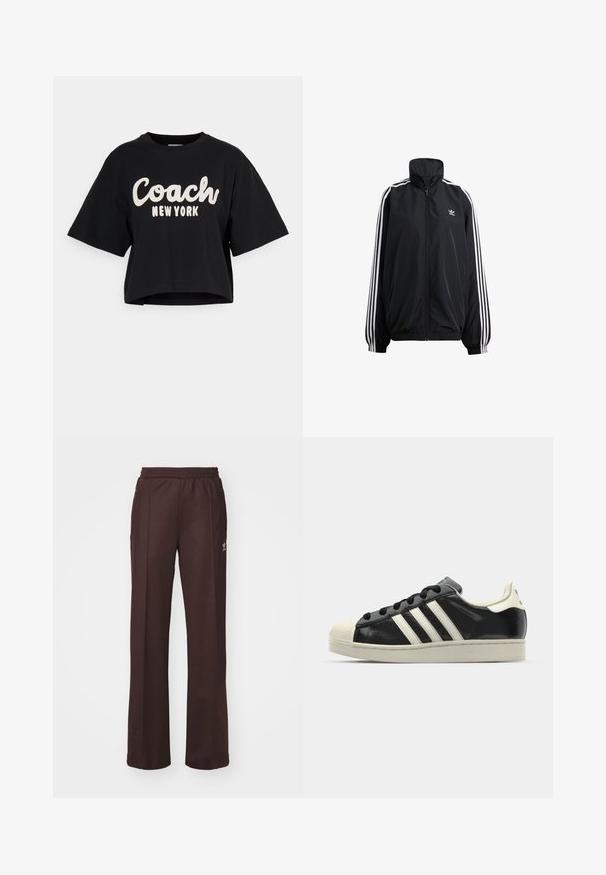 Zwarte ritsjack gemaakt van lichtgewicht materiaal. Voorzien van een hoge kraag, elastische manchetten en witte strepen aan de zijkanten. Klein logo op de borst.; Zwarte cropped t-shirt van katoen, met grote witte tekst "Coach New York" op de voorkant en korte mouwen. Gladde textuur.; Bruine sportieve broek met een elastische tailleband, twee zijzakken en een klein logo aan de linkerzijde, gemaakt van een zachte stof.; Zwarte leren sneaker met witte strepen, rubberen teenbescherming, zwarte veters en een crèmekleurige loopzool. Glad oppervlak met een glanzende afwerking.