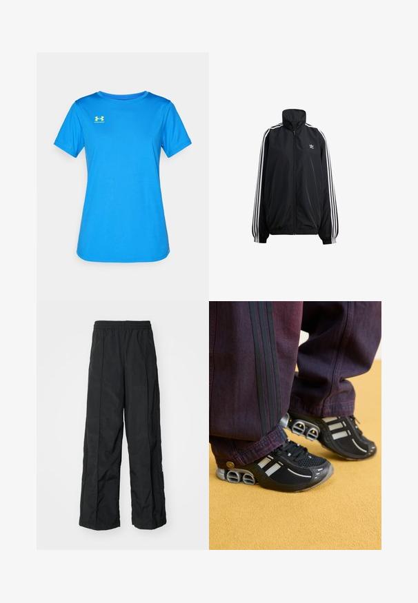 Μαύρο μπουφάν με φερμουάρ κατασκευασμένο από ελαφρύ υλικό. Διαθέτει ψηλό γιακά, ελαστικούς αστραγάλους και λευκές ρίγες στα πλάγια. Μικρό λογότυπο στο στήθος.; Κοντομάνικο μπλουζάκι από φωτεινό μπλε ύφασμα με λεία υφή. Διαθέτει κίτρινο λογότυπο της Under Armour στην αριστερή θηλή.; Μαύρο παντελόνι με φαρδιά πόδια και ελαστική μέση, με λεία υφή και λεπτομέρειες στις πλευρές για προσθήκη σχεδίου.; Μαύρα αθλητικά παπούτσια με ασημένιες λεπτομέρειες και υφασμάτινη επένδυση με δομή. Σκοτεινές μοβ παντελόνες με τριπλές μαύρες ρίγες στο πλάι. Κίτρινη επιφάνεια εδάφους.