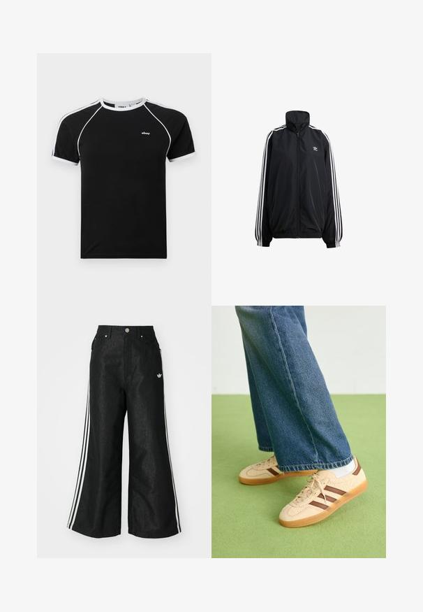 Must värviga lukuga jope, mis on valmistatud kergest materjalist. Omab kõrget krae, elastseid randmeid ja valgeid riba külgedel. Väike logo rinnal.; Must have valge aktsentidega must särk, millel on ümar kaelus, lühikesed raglanvarrukad ja rinnal väike logo. Valmistatud pehmest kangast.; Mustad mustadeline denimipüksid, millel on kummalgi küljel kolm valget triipu ja väike valge logo. Omab esikotte ja nööbiga kinnihoidmist.; Beežid spordijalatsid tekstuursete kreemjatest paneelidest ja pruunidest triipudest, koos siniste denim pükstega. Püksid on avara säärega ja narmendava äärega.