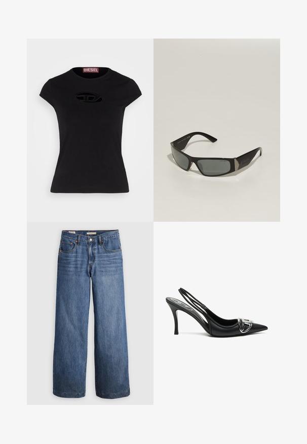 Čierna zipsová bunda vyrobená z ľahkého materiálu. Má vysoký golier, elastické manžety a biele pruhy po stranách. Malé logo na hrudi.; Čierne tričko s krátkym rukávom a priliehavým strihom, na prednej strane s textúrovaným logom Diesel v oválnom tvare.; Džínsy s širokými nohavicami vyrobené z modrého denimu, s vysokým pásom, piatimi vreckami a kontrastným oranžovým stehom. Hladká textura, bez ozdôb.; Čierne slingback lodičky s špicatou špičkou, so žiarivou striebornou prackou a štíhlým podpätkom. Hladká kožená textúra, minimalistický dizajn.; Čierne slnečné okuliare s obdlžníkovým tvarom, sivým tónovaným sklom a kovovými akcentmi na spánkoch. Majú plastový rám a hladký povrch.