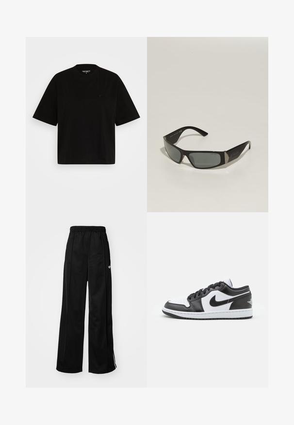 Black zip-up jacket made of lightweight material. Features a high collar, elastic cuffs, and white stripes down the sides. Small logo on chest.; Black cotton t-shirt with a relaxed fit, short sleeves, crew neckline, and a small logo detail on the left chest.; Black wide-leg track pants with an elastic waistband, featuring white side stripes and a small logo on the left hip. Smooth fabric texture.; Black and white Nike low-top sneakers feature a smooth leather upper, round toe, lace-up closure, and a patterned rubber outsole.; Black sunglasses with a rectangular shape, gray tinted lenses, and metallic accents on the temples. Features plastic frames and a smooth texture.