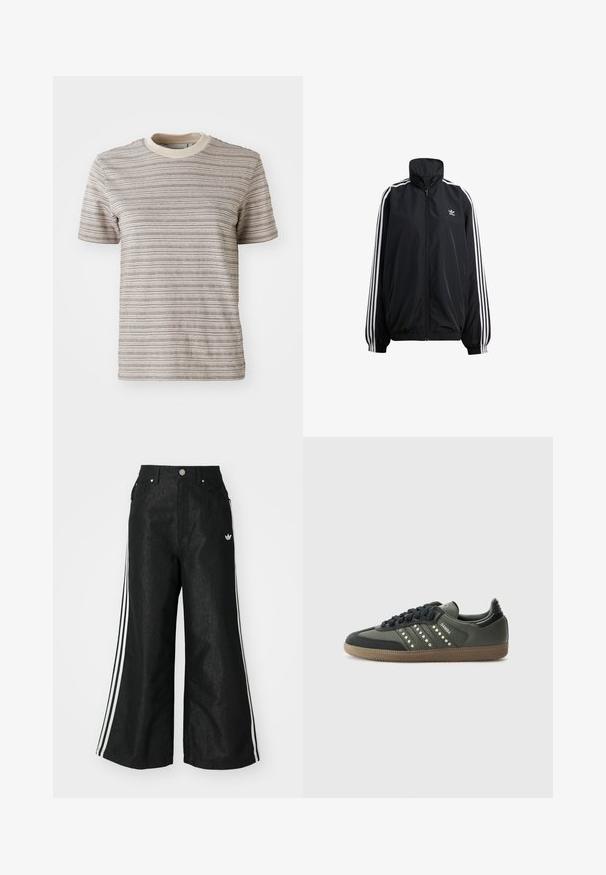 Svart jakke med glidelås laget av lett materiale. Har høy krage, elastiske mansjetter og hvite striper nedover sidene. Lite logo på brystet.; Stripet kortermet T-skjorte i beige og krem. Har rund hals med kontrastfarge på kragen og et strukturert stoffmønster.; Sorte vide benbukser med tre hvite striper på hver side og en liten hvit logo. Har frontlommer og knappelukking.; adidas Originals SAMBA OG - Joggesko - core black/legend earth/gum