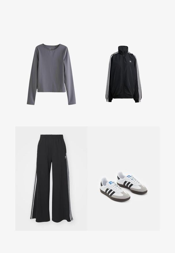 Zwarte ritsjack gemaakt van lichtgewicht materiaal. Voorzien van een hoge kraag, elastische manchetten en witte strepen aan de zijkanten. Klein logo op de borst.; Grijze lange mouwtop gemaakt van een gladde stof; heeft een ronde halslijn en een rechte, iets losse pasvorm zonder zichtbare patronen of accenten.; Zwarte wijde sweatpants met een elastische tailleband, met witte zijstrepen en een geborduurd logo op de linker dij.; Sportschoenen met een witte leren bovenkant, grijze suède neus en drie zwarte strepen. Bevat een blauw logo op de tong en een gestructureerde rubberen zool.