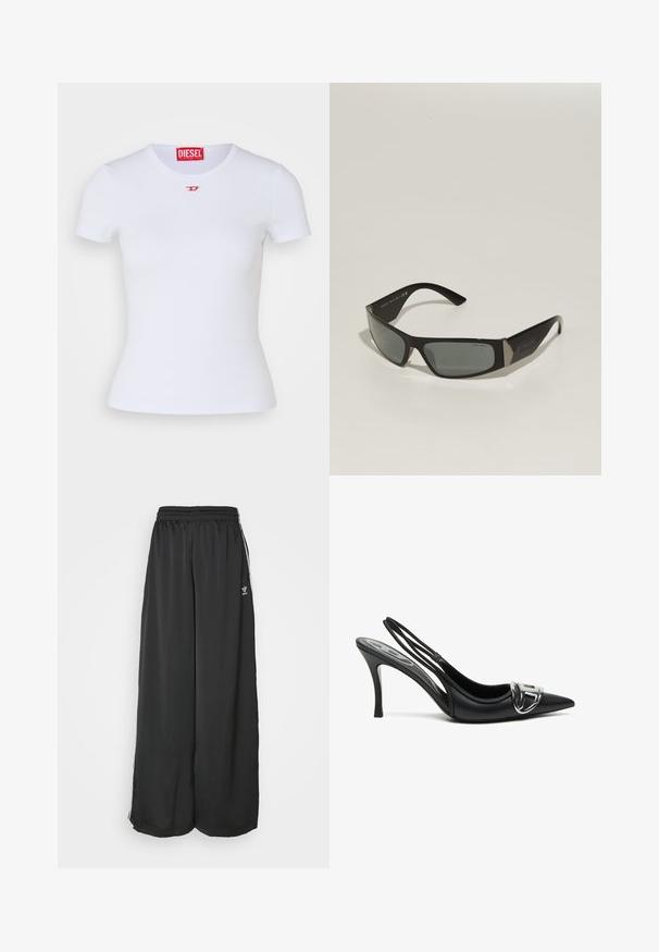 Black zip-up jacket made of lightweight material. Features a high collar, elastic cuffs, and white stripes down the sides. Small logo on chest.; White fitted t-shirt with short sleeves. Ribbed texture, round neckline. Small red "D" logo on chest. Made from stretchy fabric.; Black loose-fitting track pants made of smooth fabric. Features an elastic waistband and side stripes with logo accents.; Black slingback high heels with a pointed toe, featuring a shiny silver buckle detail and a slender heel. Smooth leather texture, minimalistic design.; Black sunglasses with a rectangular shape, gray tinted lenses, and metallic accents on the temples. Features plastic frames and a smooth texture.