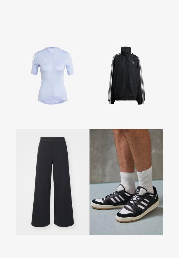 Crna jakna na zatvaranje sa laganim materijalom. Ima visoki ovratnik, elastične manžete i bijele pruge sa strane. Mali logo na prsima.; Svijetloplava atletska majica s kratkim rukavima, zatvaračem sprijeda i bijelim trakama na ramenima. Izrađena od glatkog, rastezljivog materijala pogodnog za aktivno nošenje.; Crne široke sweatpants hlače napravljene od mekog materijala, s elastičnim strukom i malim logotipom s lijeve strane.; Crne i bijele tenisice s gornjim dijelom od antilopa i kože, s tri bijele pruge, perforiranim prstom i gumiranim potplatom.