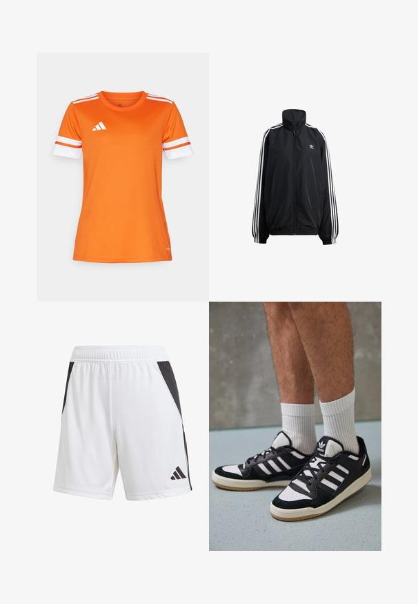 Črna zadrgo zapeta jakna iz lahkega materiala. Ima visok ovratnik, elastične manšete in bele črte po straneh. Majhna blagovna znamka na prsih.; Oranžna športna majica z belimi in oranžnimi črtami na rokavih, izdelana iz gladkega materiala. Na prsih je bele barve logo Adidas.; Beli atletski šorti z črnim stranskim panelom, izdelani iz lahkega blaga. Imajo elastičen pas in črn logotip Adidas na spodnjem delu noge.; Črno-bele superge z zgornjim delom iz usnja in nubuka, ki imajo tri bele črte, perforiran vrh prstov in podplat iz gume.